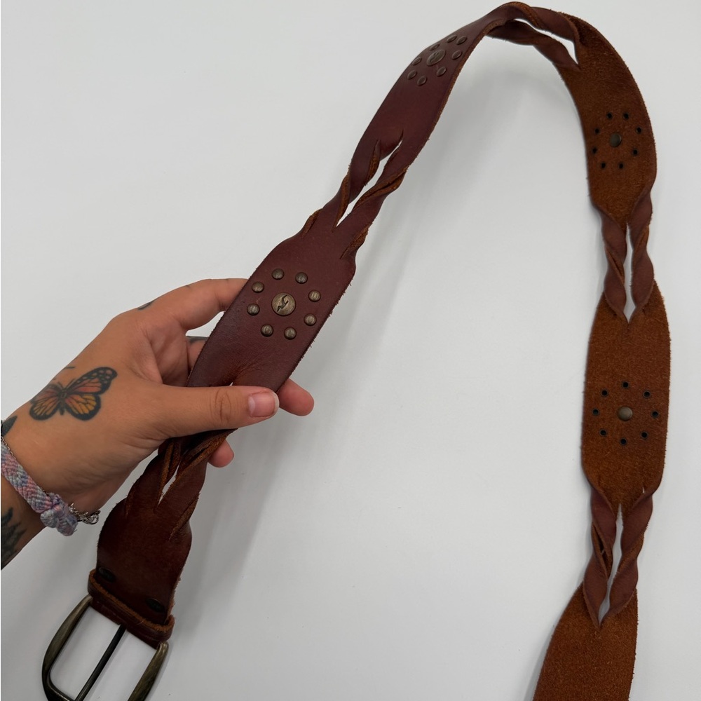 Hollister Leather Belt Braided Studded Y2K Brown 41”